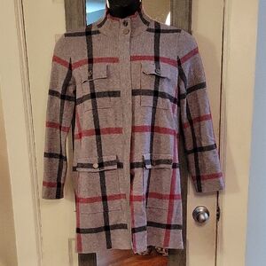 ANNE KLEIN Plaid Gray and Red Women's Sweater Jackry